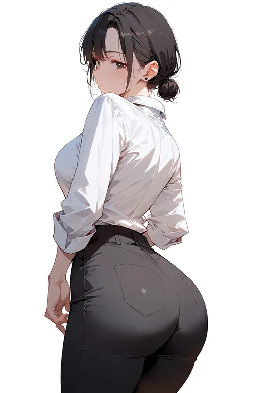 masterpiece, best quality, score_7, safe, hair behind ear, 1girl, solo, simple background — by k3scat, made with ComfyUI