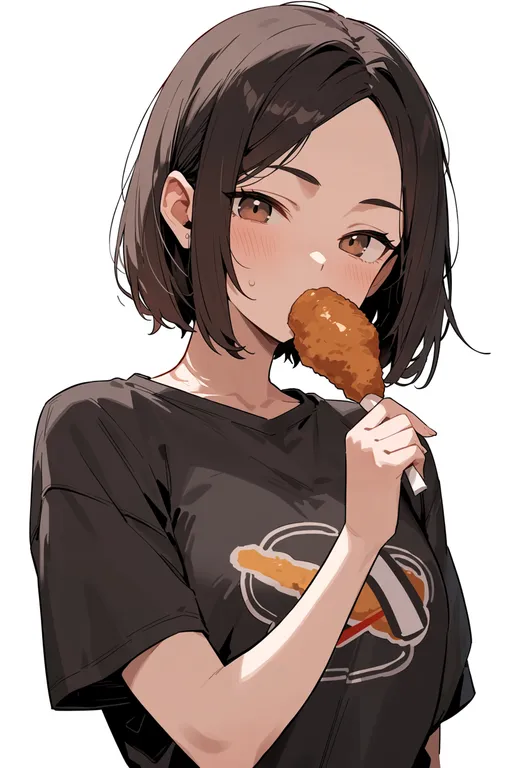 masterpiece, best quality, score_7, safe, chicken (food), 1girl, solo, upper body, simple background — by k3scat, made with ComfyUI