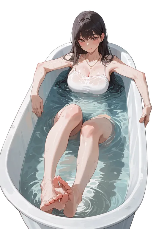 masterpiece, best quality, score_7, safe, in bathtub, 1girl, solo, simple background — by k3scat, made with ComfyUI