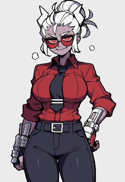 masterpiece, best quality, score_7, safe, helltaker (character), solo, upper body, simple background — by k3scat, made with ComfyUI