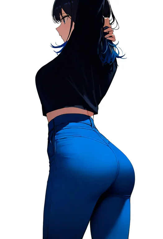 masterpiece, best quality, newest, absurdres, highres, safe, blue_pants, 1girl, solo, simple_background — by k3scat, made with ComfyUI