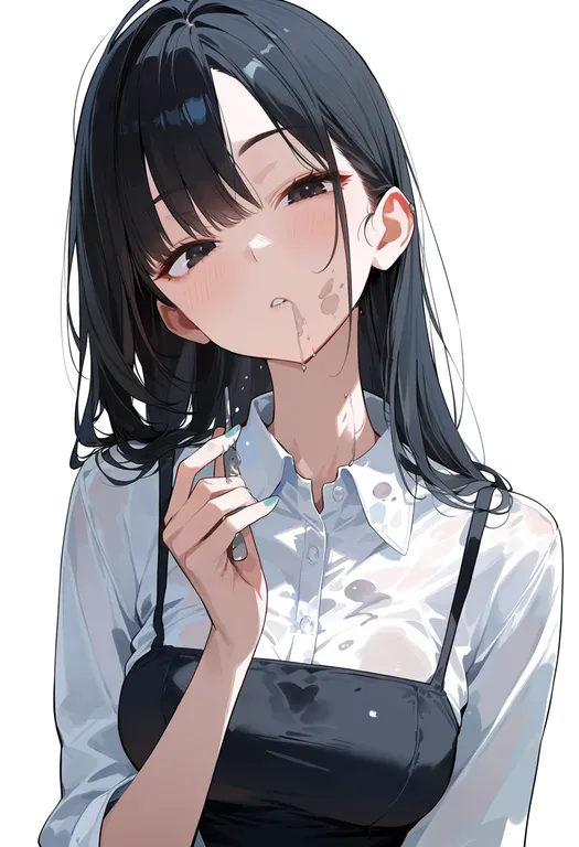 masterpiece, best quality, score_7, safe, spill, 1girl, solo, upper body, simple background — by k3scat, made with ComfyUI