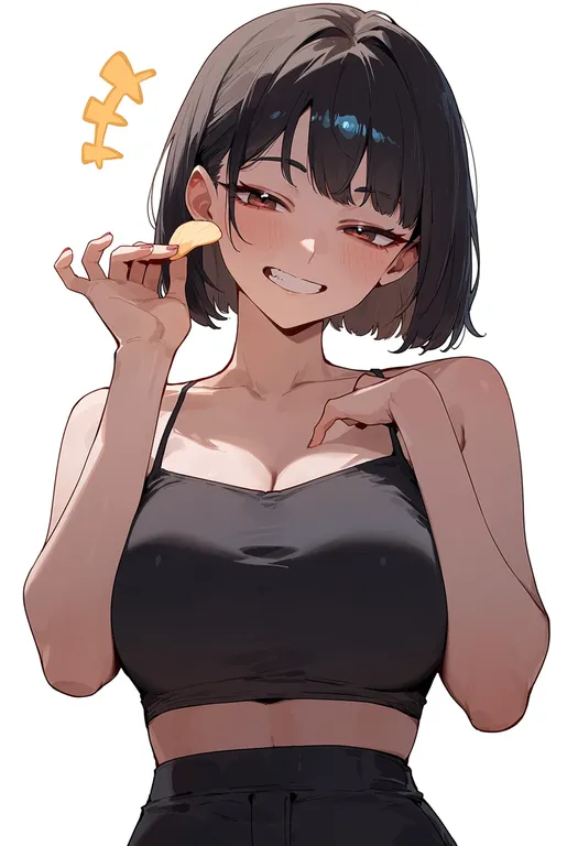 masterpiece, best quality, score_7, safe, lay's (potato chips), 1girl, solo, upper body, simple background — by k3scat, made with ComfyUI