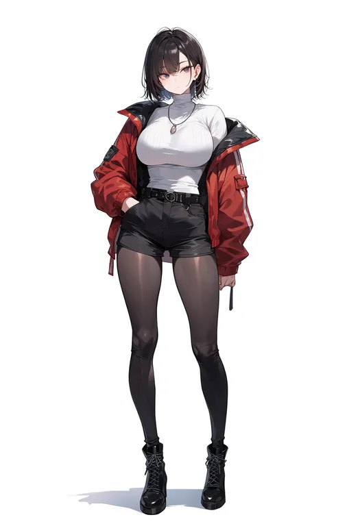 masterpiece, best quality, score_7, safe, hand in pocket, 1girl, solo, full body, simple background — by k3scat, made with ComfyUI