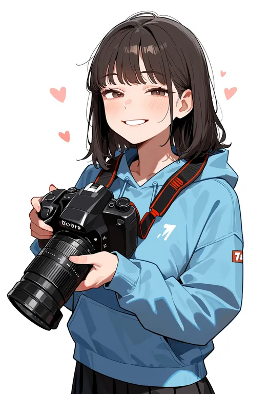 masterpiece, best quality, score_7, safe, holding camera, 1girl, solo, upper body, simple background — by k3scat, made with ComfyUI