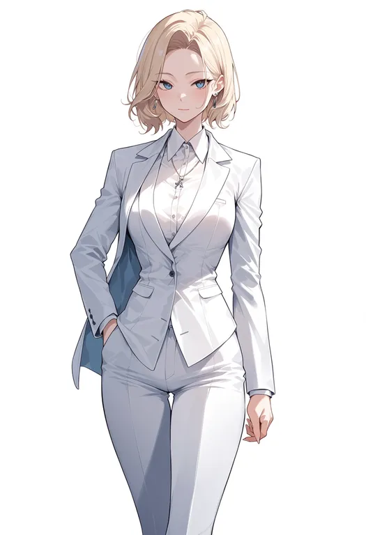 masterpiece, best quality, score_7, safe, white suit, 1girl, solo, simple background — by k3scat, made with ComfyUI