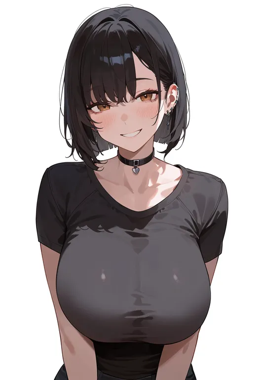masterpiece, best quality, score_7, safe, tight shirt, 1girl, solo, simple background — by k3scat, made with ComfyUI