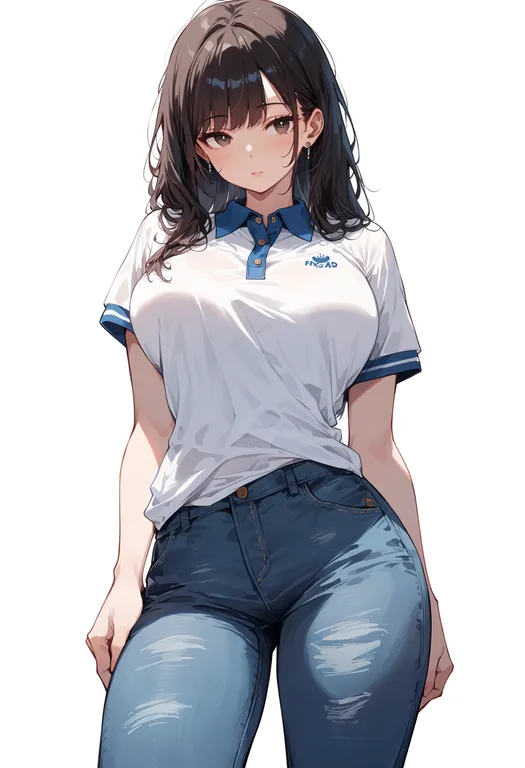 masterpiece, best quality, score_7, safe, polo shirt, 1girl, solo, simple background — by k3scat, made with ComfyUI