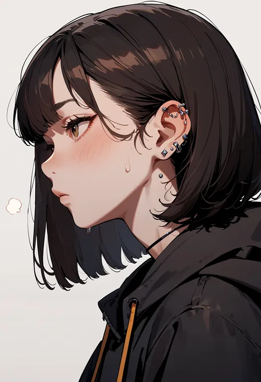 masterpiece, best quality, score_7, safe, industrial piercing, 1girl, solo, upper body, simple background — by k3scat, made with ComfyUI