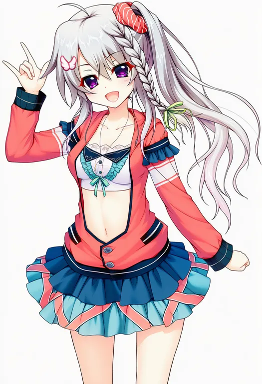9-nine-, niimi sora, 1girl, :d, \m/, ahoge, arm up, bad anatomy, bad neck, blue skirt, blush, braid, breasts, casual… — by 三叶草, made with NovelAI