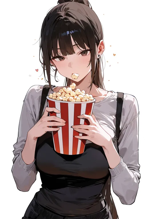masterpiece, best quality, score_7, safe, popcorn, 1girl, solo, upper body, simple background — by k3scat, made with ComfyUI