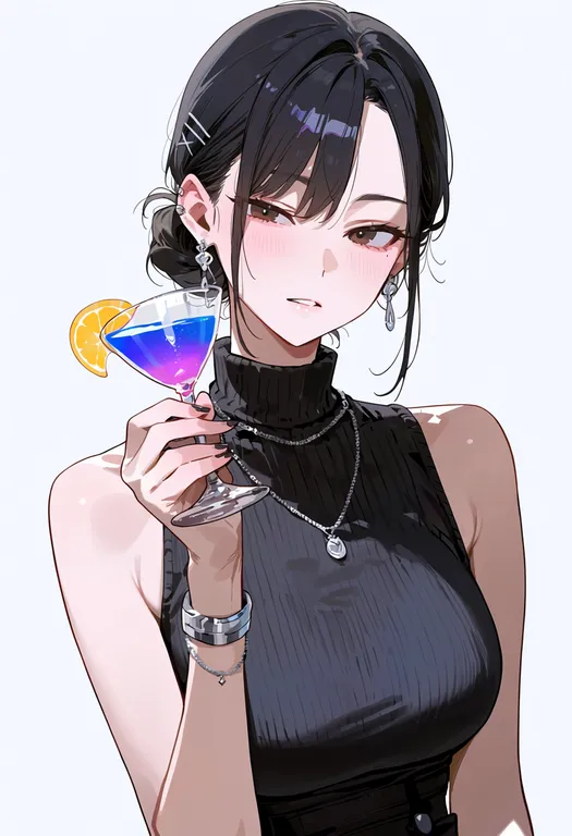 masterpiece, best quality, score_7, safe, cocktail, 1girl, solo, upper body, simple background — by k3scat, made with ComfyUI