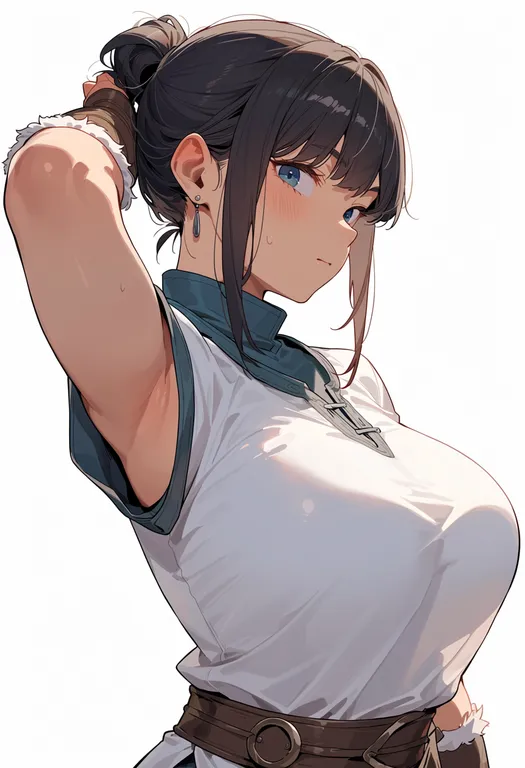 masterpiece, best quality, score_7, safe, white tunic, 1girl, solo, simple background — by k3scat, made with ComfyUI