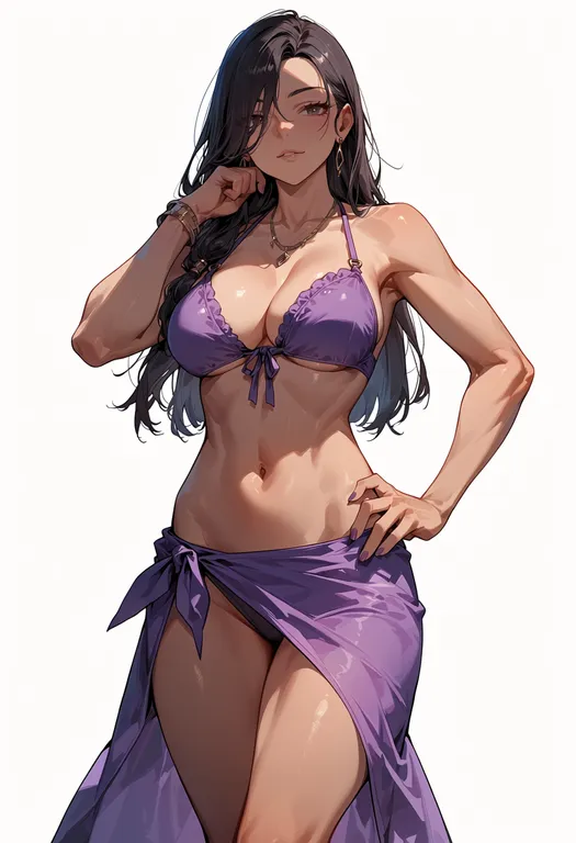 masterpiece, best quality, score_7, safe, purple sarong, 1girl, solo, simple background — by k3scat, made with ComfyUI