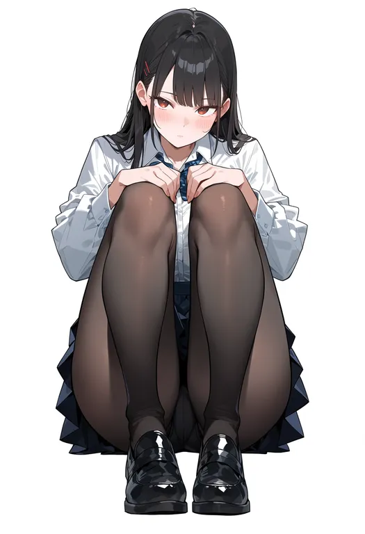 masterpiece, best quality, score_7, safe, knees to chest, 1girl, solo, full body, simple background — by k3scat, made with ComfyUI