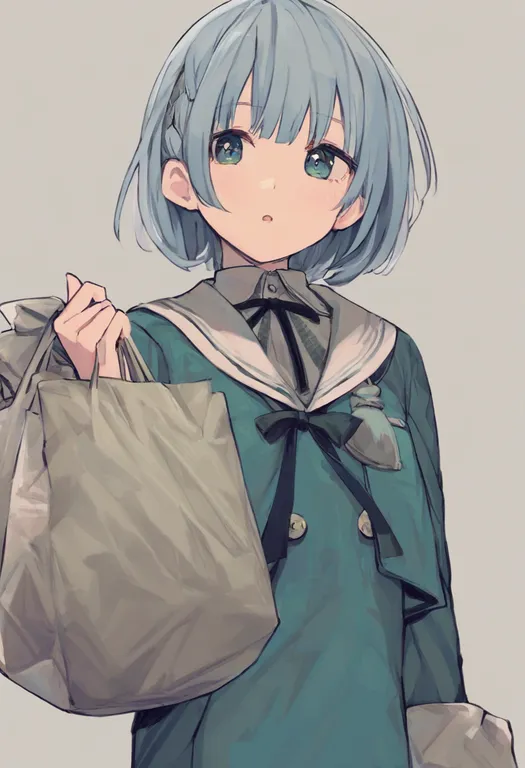 masterpiece, best quality, general, holding bag, 1girl, solo, upper body, simple background — by k3scat, made with ComfyUI