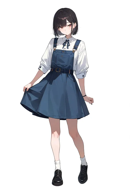 masterpiece, best quality, score_7, safe, overall skirt, 1girl, solo, full body, simple background — by k3scat, made with ComfyUI
