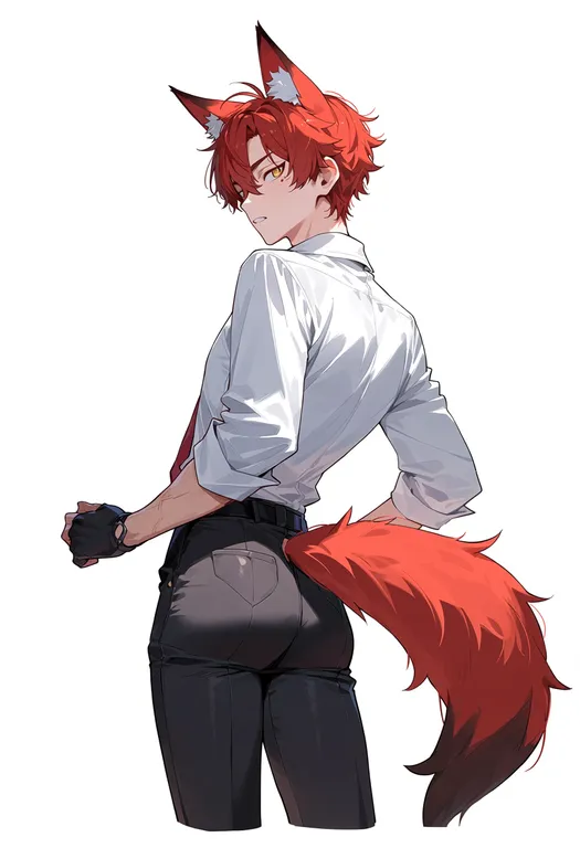 masterpiece, best quality, score_7, safe, fox boy, 1boy, solo, simple background — by k3scat, made with ComfyUI