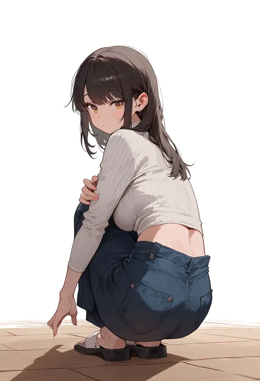 masterpiece, best quality, score_7, safe, wooden floor, 1girl, solo, simple background — by k3scat, made with ComfyUI