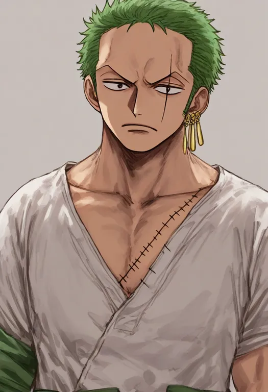 masterpiece, best quality, general, roronoa zoro, one piece, solo, upper body, simple background — by k3scat, made with ComfyUI
