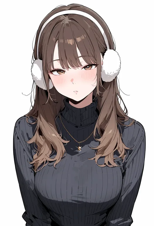 masterpiece, best quality, score_7, safe, earmuffs, 1girl, solo, upper body, simple background — by k3scat, made with ComfyUI