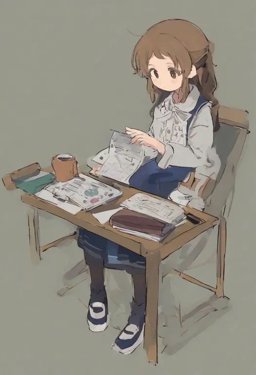 masterpiece, best quality, general, studying, 1girl, solo, full body, simple background — by k3scat, made with ComfyUI