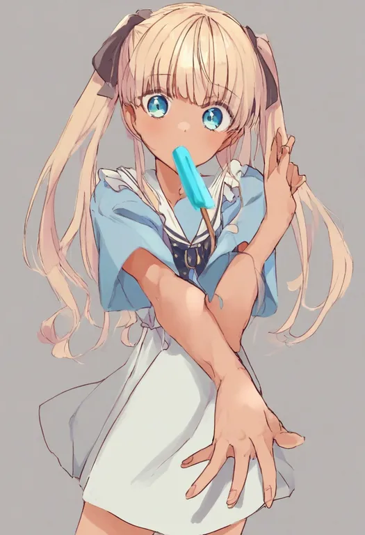 masterpiece, best quality, general, popsicle in mouth, 1girl, solo, simple background — by k3scat, made with ComfyUI