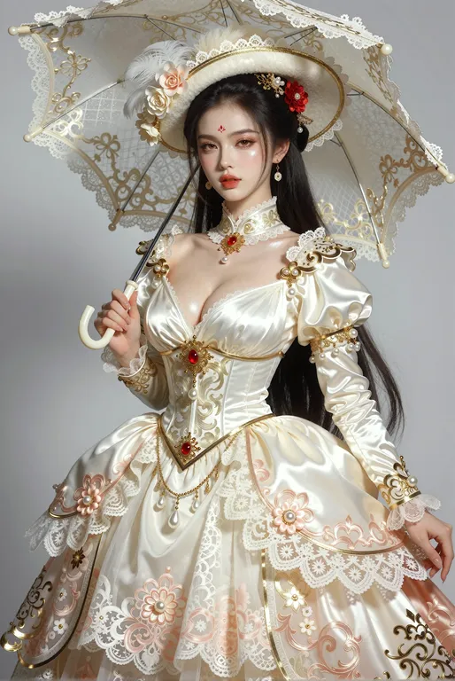 一位身材极致火辣的东方古典美女，长直黑亮长发及腰，头发带有自然光泽，搭配红色花朵发饰和金色发簪，眉心一点鲜红印记，脸庞精致五官立体，红唇丰润微启，眼神妩媚自信略带魅惑，皮肤白皙细腻带有珠光质感，身材高挑丰满，胸部丰挺腰肢纤细，臀部圆润翘挺，… — by kessness, made with ComfyUI