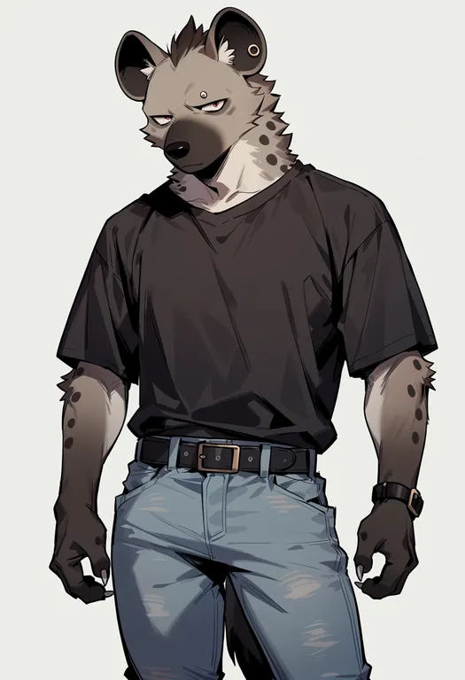 masterpiece, best quality, score_7, safe, hyena boy, 1boy, solo, simple background — by k3scat, made with ComfyUI