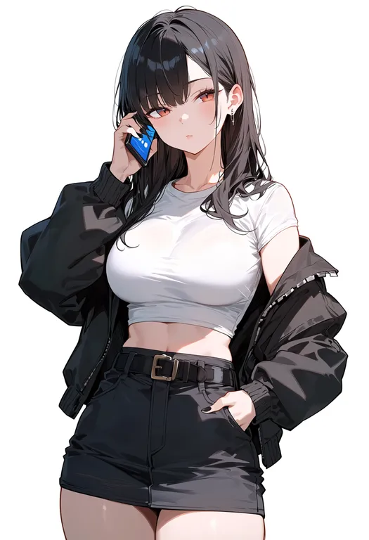 masterpiece, best quality, score_7, safe, talking on phone, 1girl, solo, simple background — by k3scat, made with ComfyUI