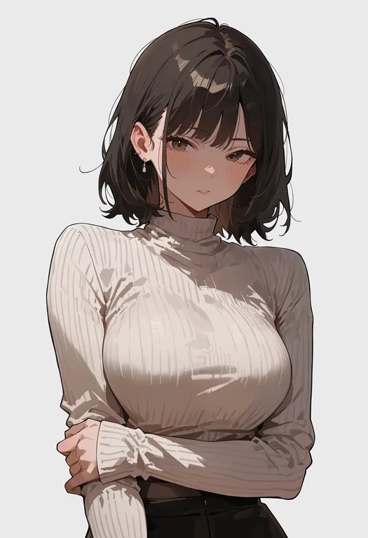 masterpiece, best quality, score_7, safe, hand on own arm, 1girl, solo, upper body, simple background — by k3scat, made with ComfyUI