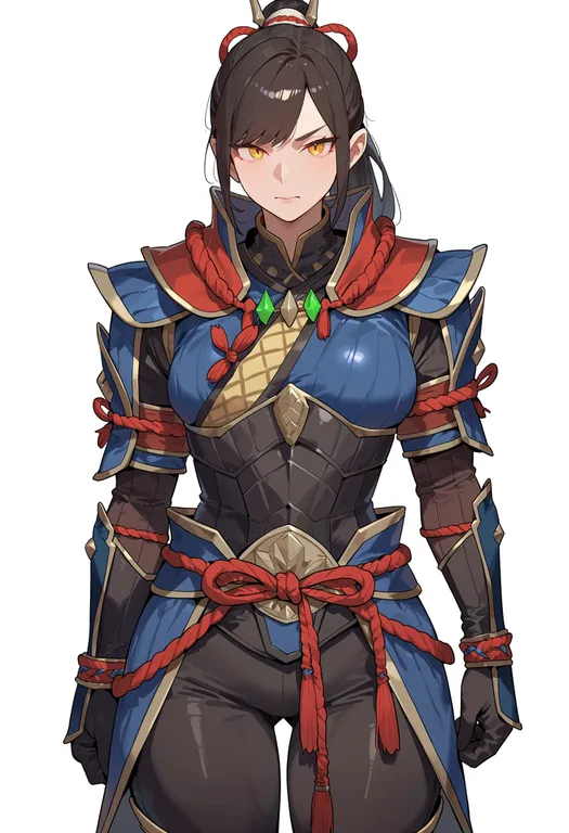 masterpiece, best quality, score_7, safe, monster hunter rise, solo, simple background — by k3scat, made with ComfyUI