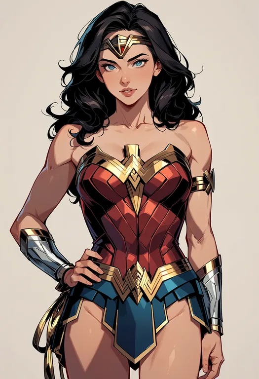 masterpiece, best quality, score_7, safe, wonder woman (series), solo, simple background — by k3scat, made with ComfyUI