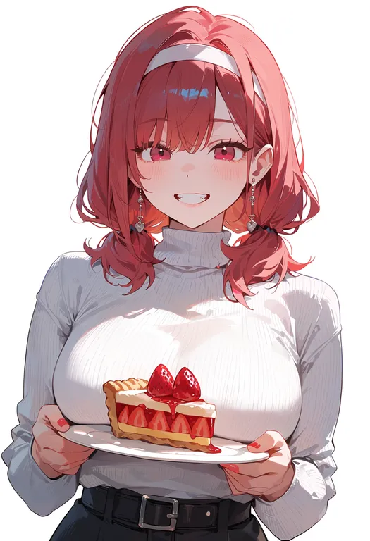 masterpiece, best quality, score_7, safe, strawberry pie, 1girl, solo, upper body, simple background — by k3scat, made with ComfyUI