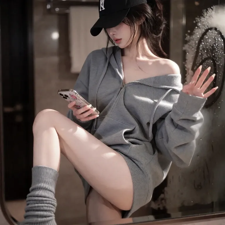 A crystal-clear soft-focus smartphone selfie taken in a hotel bathroom mirror. A beautiful young East Asian woman with… — by 天才美少女, made with ComfyUI
