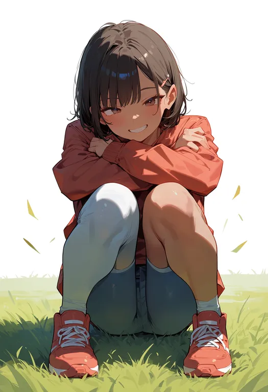masterpiece, best quality, score_7, safe, grass, 1girl, solo, simple background — by k3scat, made with ComfyUI