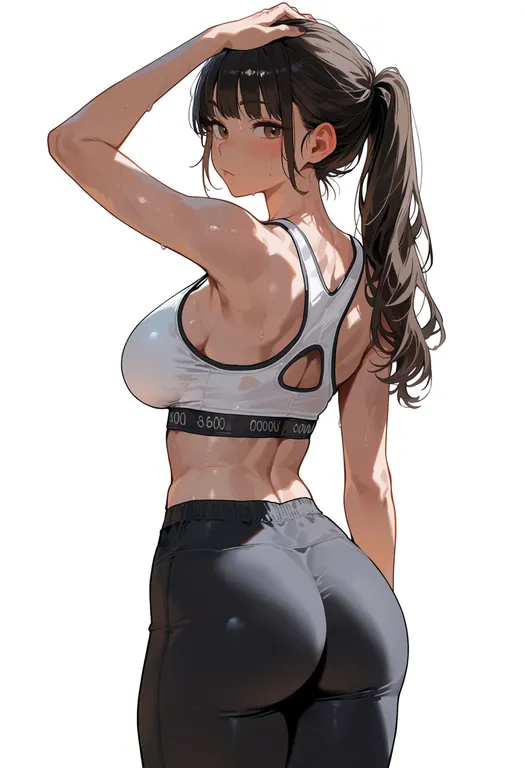 masterpiece, best quality, score_7, safe, white sports bra, 1girl, solo, simple background — by k3scat, made with ComfyUI