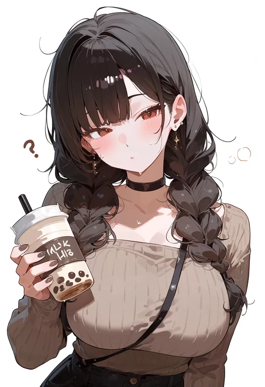 masterpiece, best quality, score_7, safe, milk tea, 1girl, solo, upper body, simple background — by k3scat, made with ComfyUI