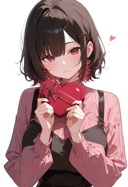 masterpiece, best quality, score_7, safe, heart-shaped chocolate, 1girl, solo, upper body, simple background — by k3scat, made with ComfyUI