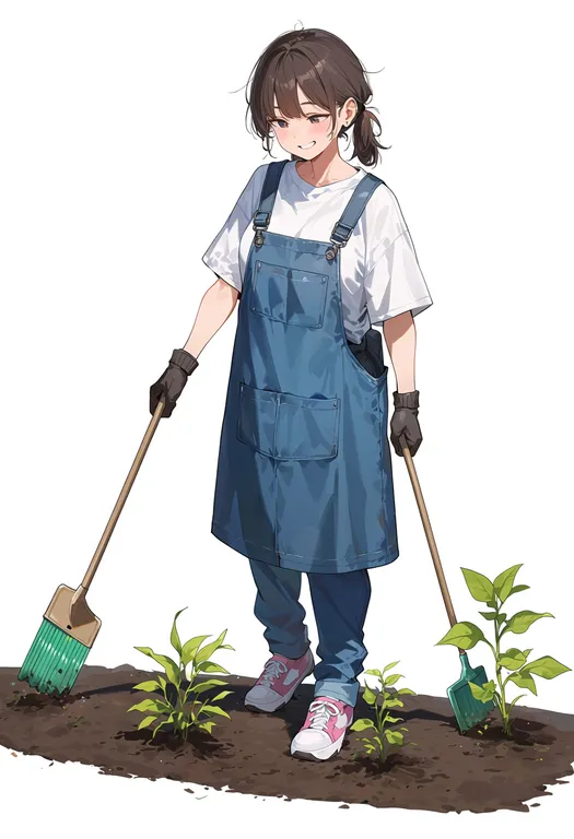 masterpiece, best quality, score_7, safe, gardening, 1girl, solo, full body, simple background — by k3scat, made with ComfyUI