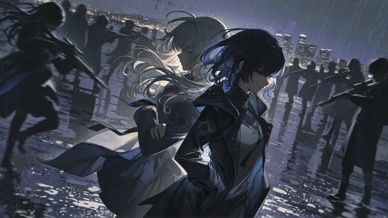 2girls, night, rain, open ground, wet asphalt reflections, from above, dutch angle, upper body, wind, coats billowing… — by qiye1145, made with SD WebUI