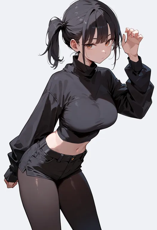 masterpiece, best quality, score_7, safe, hand up, 1girl, solo, simple background — by k3scat, made with ComfyUI