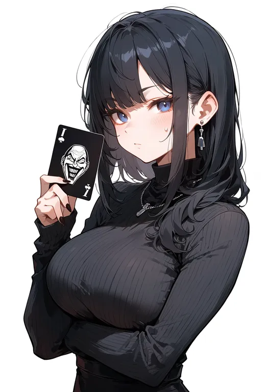 masterpiece, best quality, score_7, safe, joker (playing card), 1girl, solo, upper body, simple background — by k3scat, made with ComfyUI