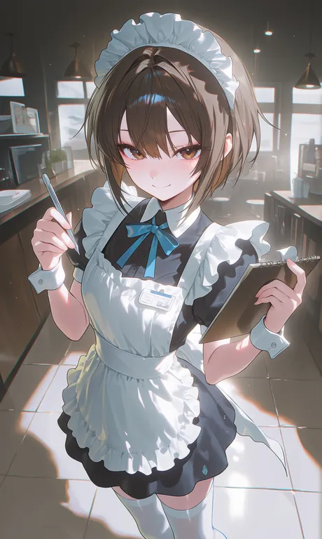 masterpiece, best quality, score_7, safe, @u u zan, 1girl, apron, black_dress, blush, brown_eyes, brown_hair, cafe… — by qwqee, made with ComfyUI