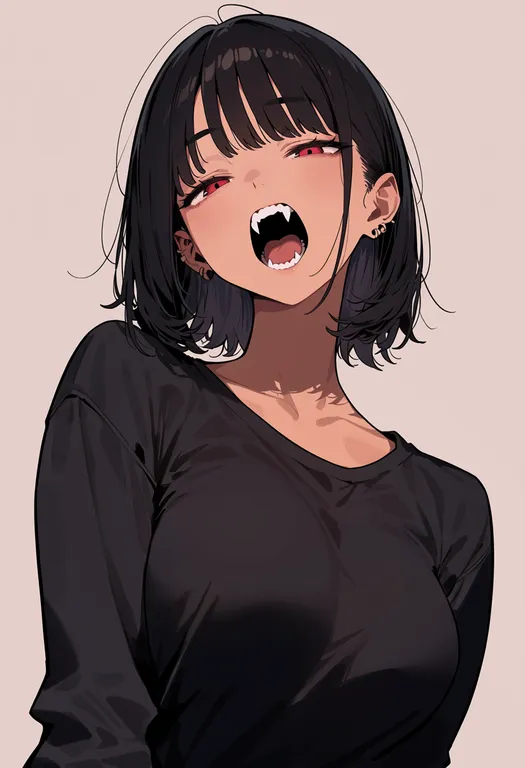 masterpiece, best quality, score_7, safe, fangs, 1girl, solo, simple background — by k3scat, made with ComfyUI