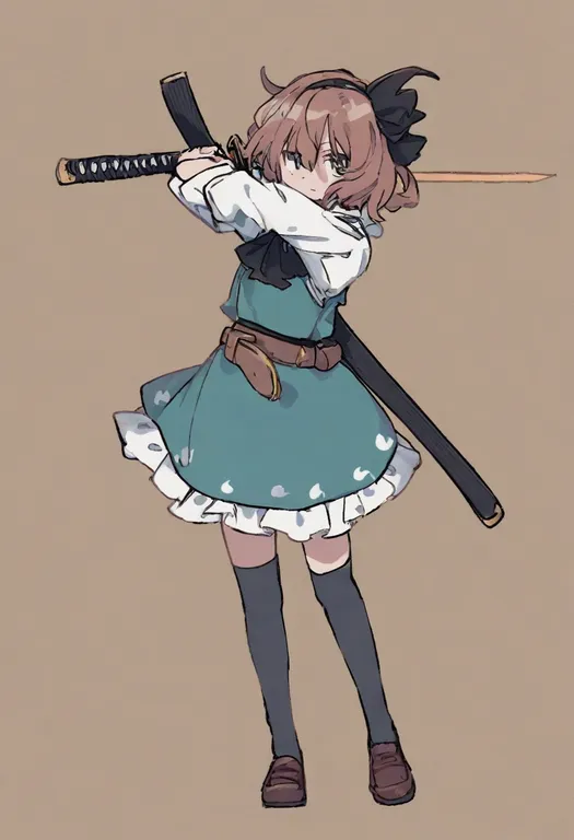 masterpiece, best quality, general, unsheathing, 1girl, solo, full body, simple background — by k3scat, made with ComfyUI