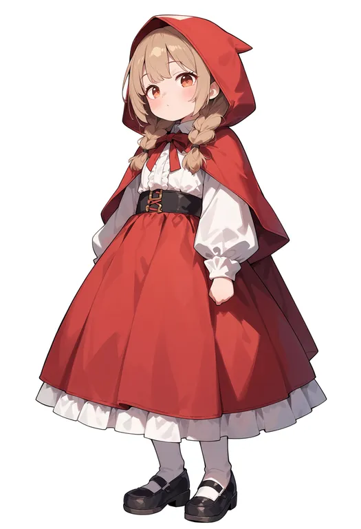 masterpiece, best quality, score_7, safe, little red riding hood (fairy tale), solo, simple background — by k3scat, made with ComfyUI