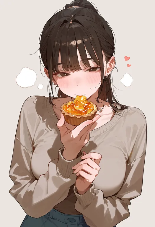 masterpiece, best quality, score_7, safe, tart (food), 1girl, solo, upper body, simple background — by k3scat, made with ComfyUI