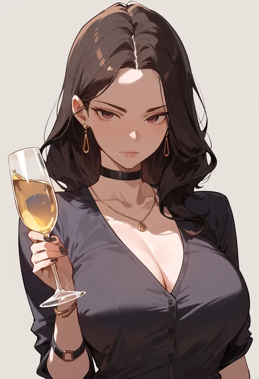 masterpiece, best quality, score_7, safe, wine glass, 1girl, solo, upper body, simple background — by k3scat, made with ComfyUI
