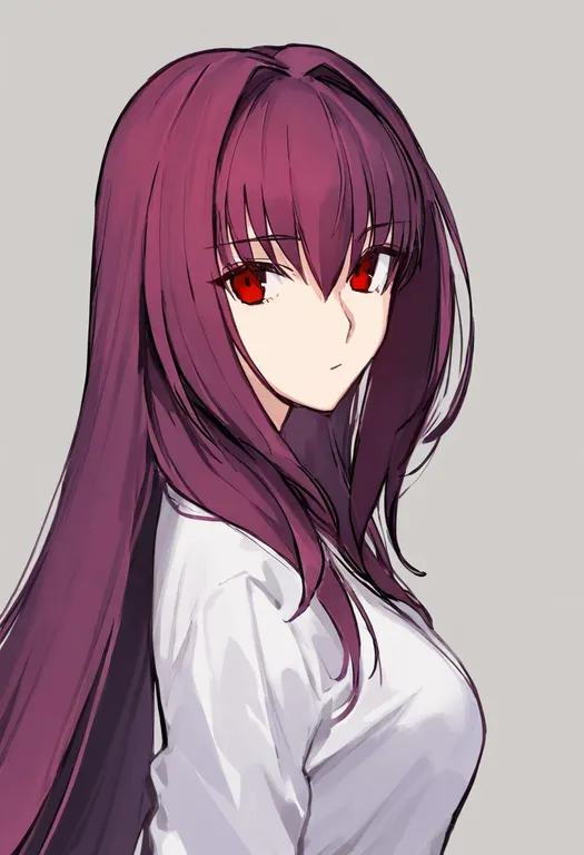 masterpiece, best quality, general, scathach (fate), fate/grand order, solo, upper body, simple background — by k3scat, made with ComfyUI